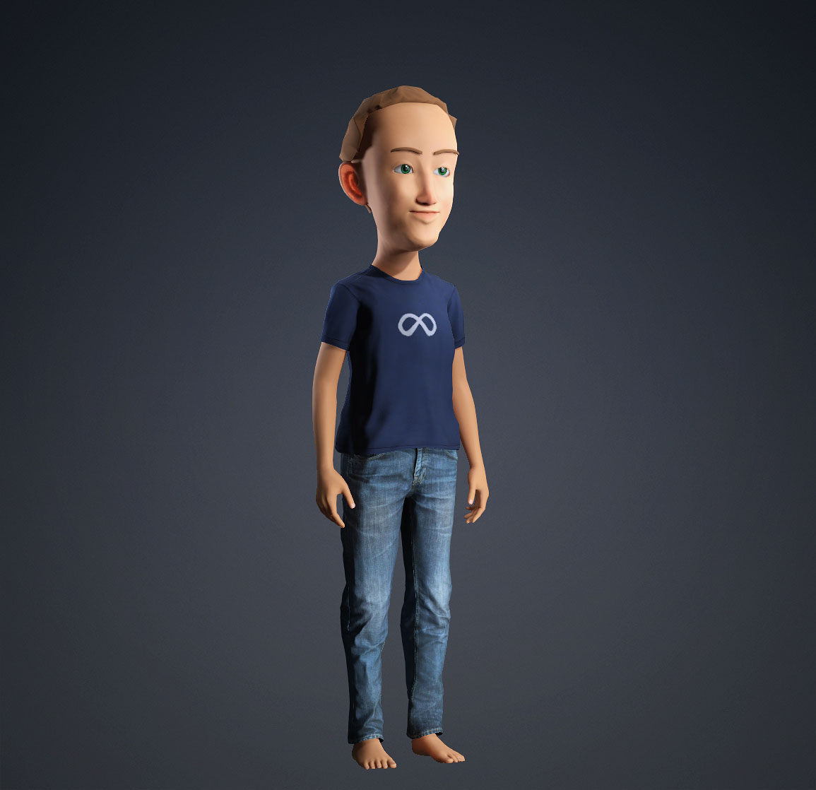 Mark, a barefoot game character wearing a Meta T-shirt, standing in a dark void